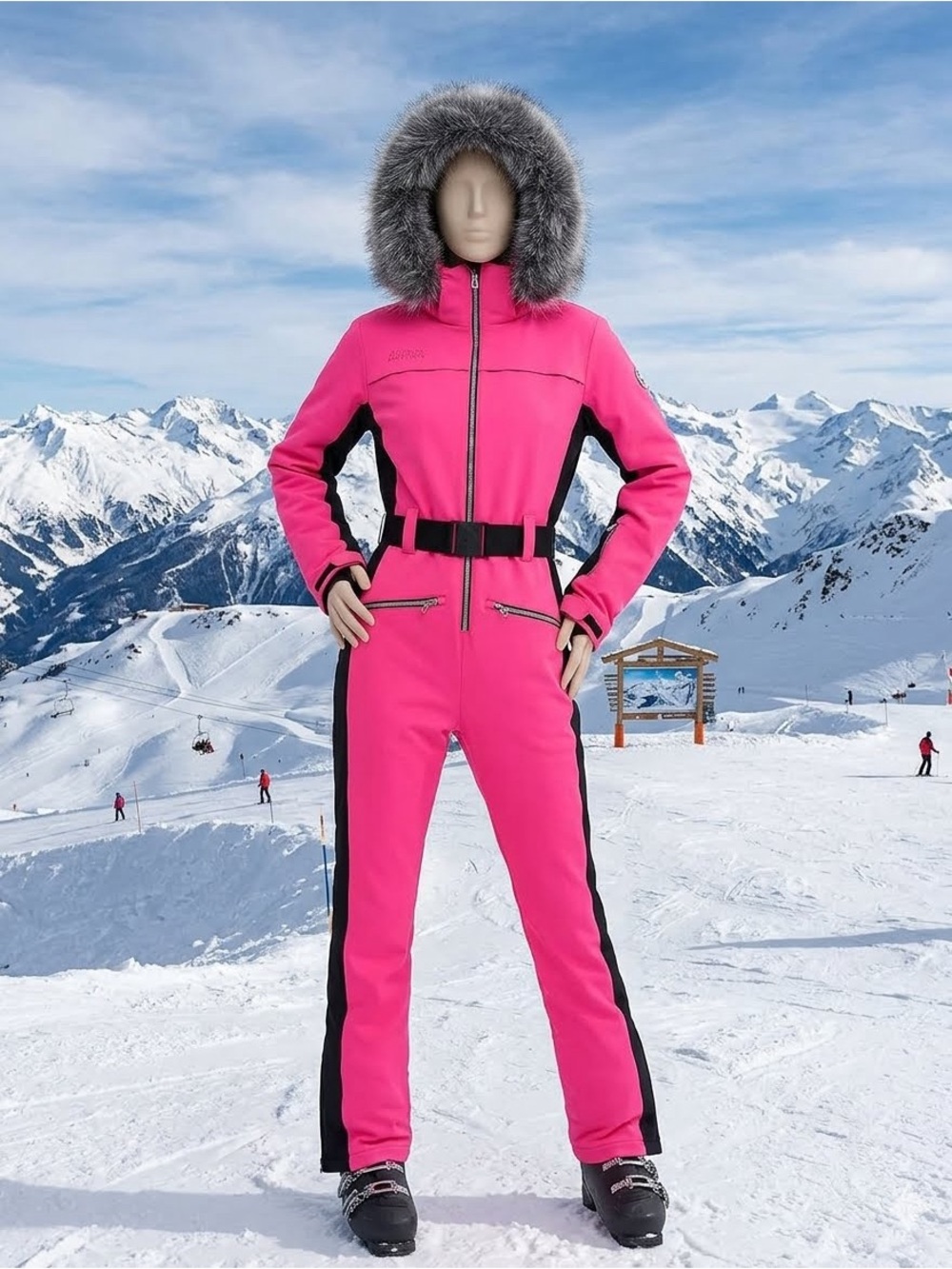 High experience ski suit Women’s Insulated Pink Ski Jumpsuit with Faux Fur Hood